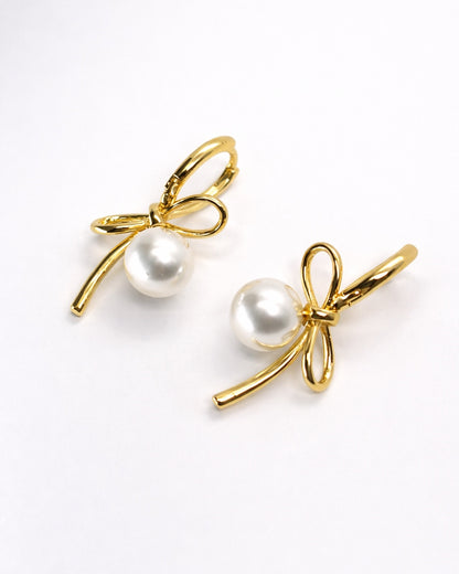 Ribbon Knot Faux Pearl Huggie Hoop Earrings | 18K Gold Tone