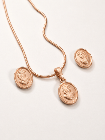 Vintage Cameo Pendant Necklace & Stud Earrings Set in Rose Gold Tone
