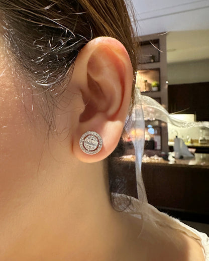 Double Halo Baguette Cluster Stud Earrings – 14K Whitegold Tone