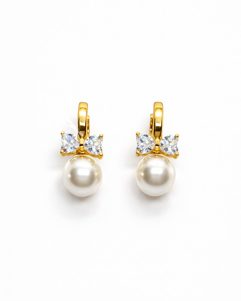 Pearl Bow Huggie Earrings – 18K Gold Dipped | Premium Zirconia