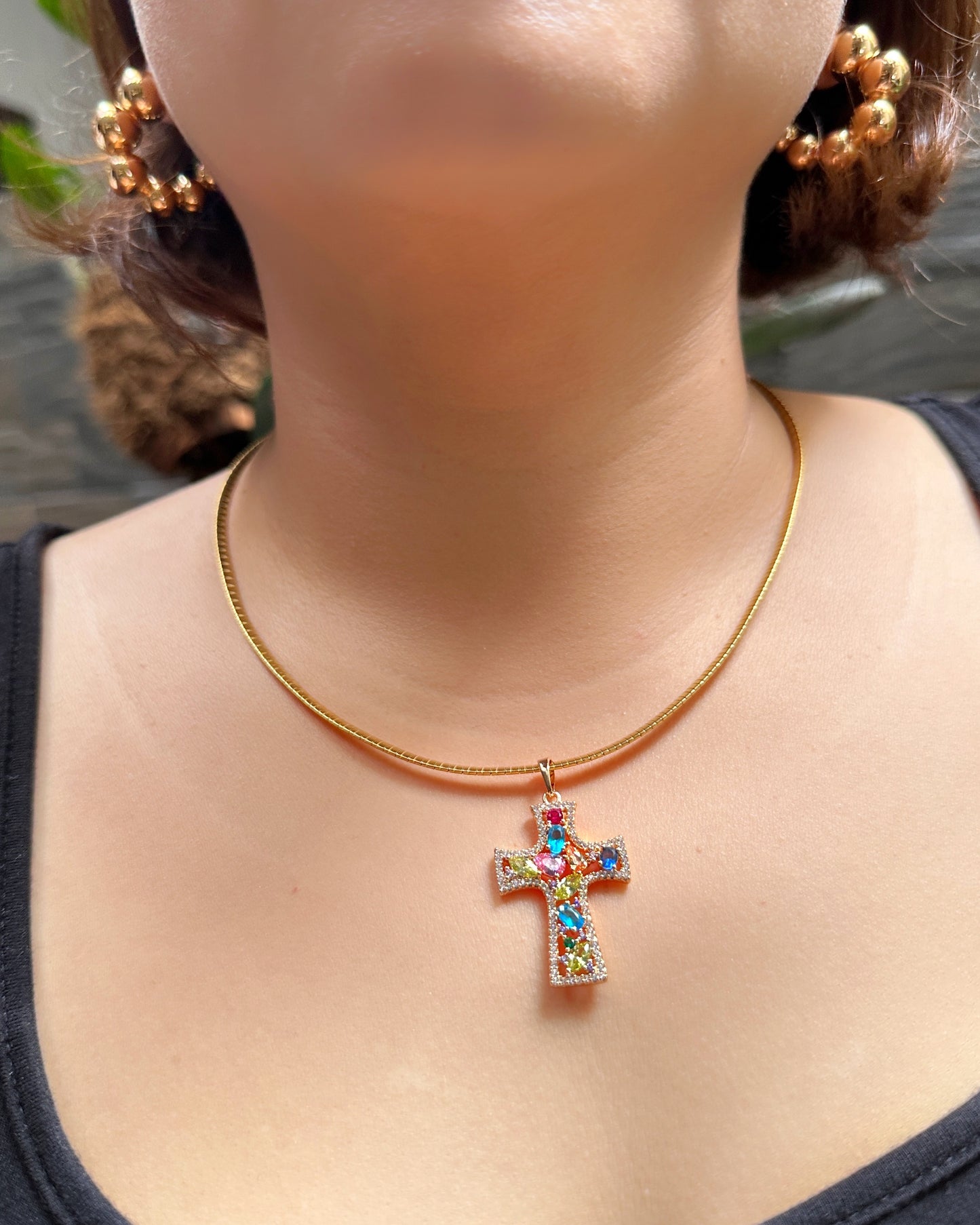 Jewel-Tone Cross Statement Necklace