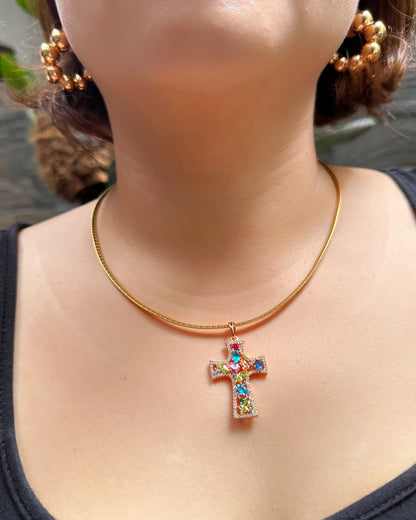 Jewel-Tone Cross Statement Necklace
