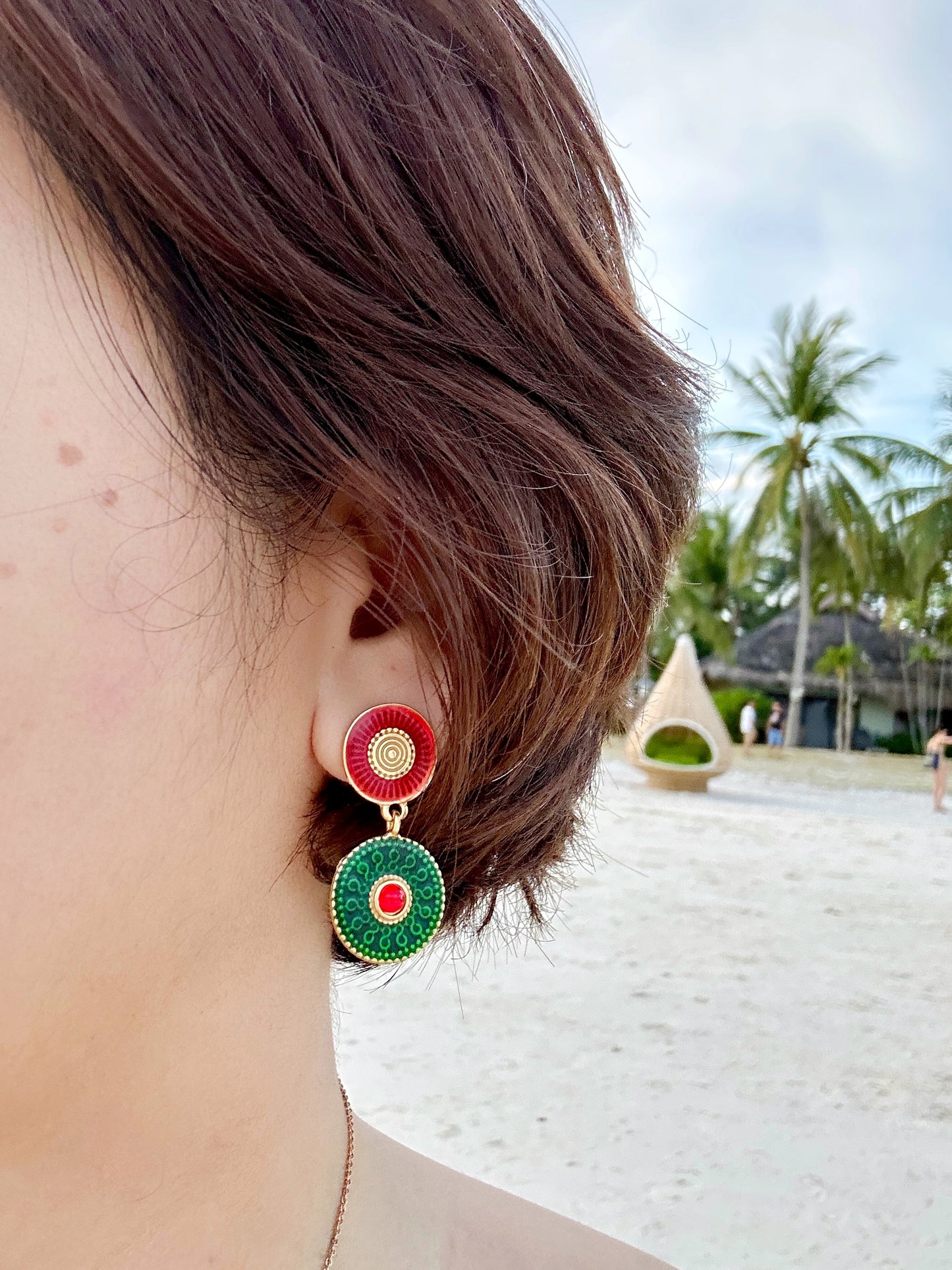 Luxurious Green & Red Vintage Statement Earrings with Gold-Tone Finish