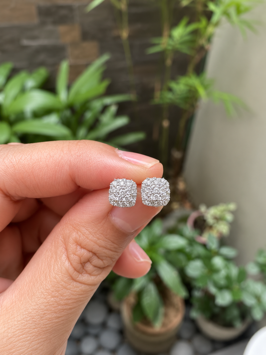 Cushion-Cut Micro-Pavé Cluster Zirconia Stud Earrings in 14K White-Gold Tone