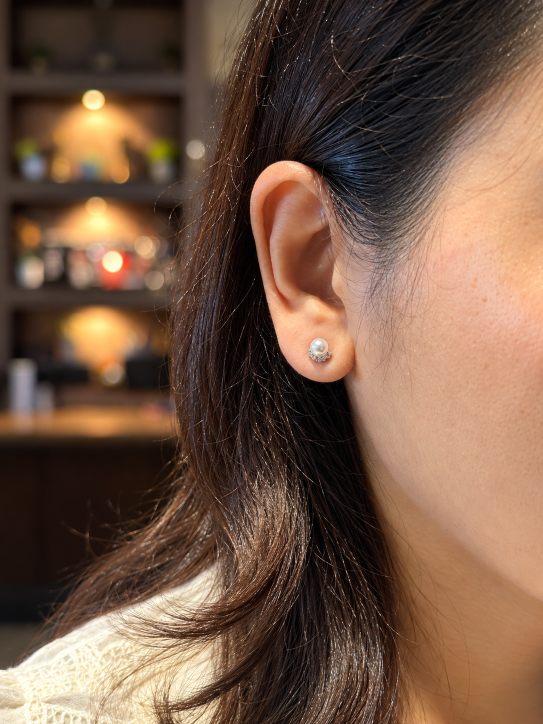 Dainty Lotus Crescent Pearl Stud Earrings in 14K White-Gold Tone