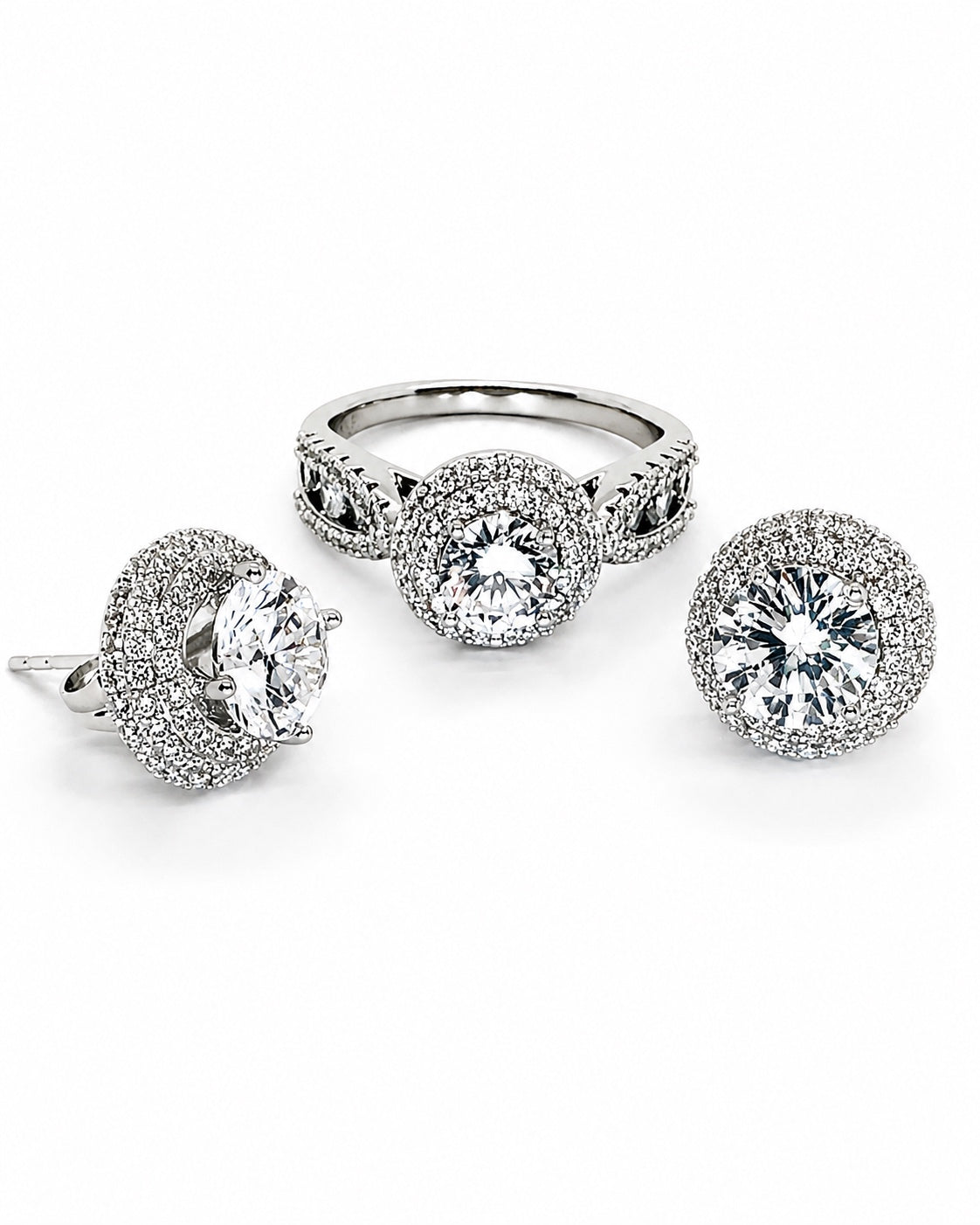 Heritage Pavé Halo Ring & Stud Earrings Set – White Gold Tone