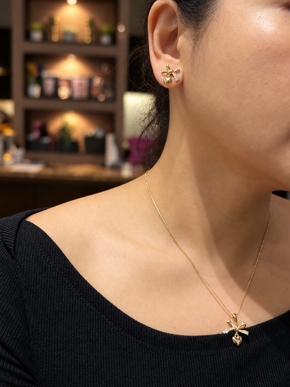 Bow Heart Pendant Necklace & Stud Earrings Set in 14K Gold Tone Finish