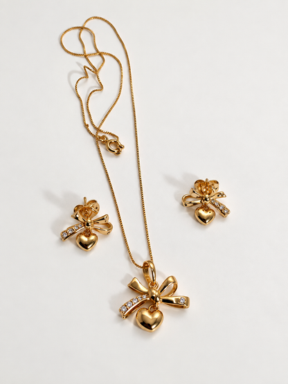 Bow Heart Pendant Necklace & Stud Earrings Set in 14K Gold Tone Finish