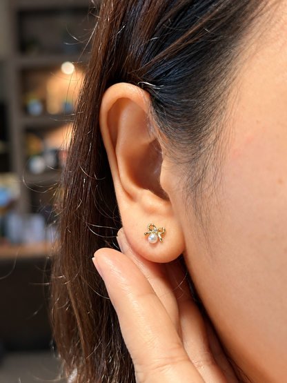 Dainty Ribbon Bow Pearl & Zirconia Stud Earrings in 14K Gold Tone