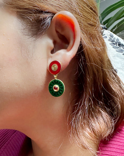 Luxurious Green & Red Vintage Statement Earrings with Gold-Tone Finish
