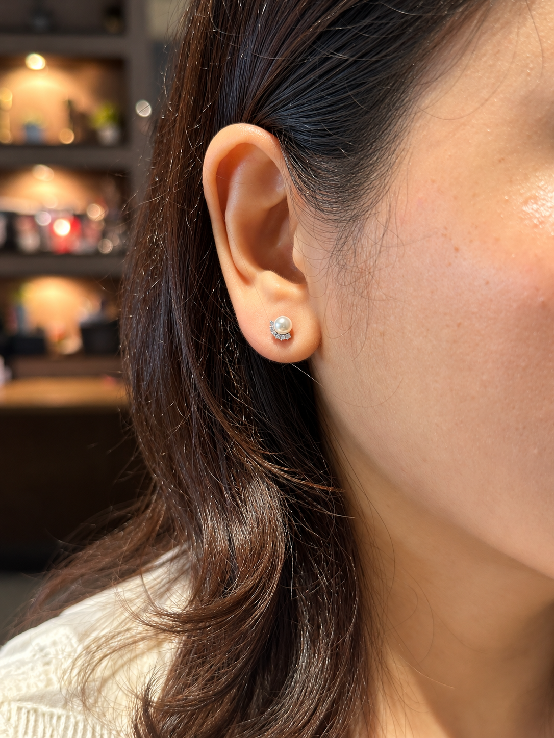 Dainty Lotus Crescent Pearl Stud Earrings in 14K White-Gold Tone