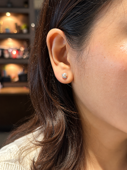 Dainty Lotus Crescent Pearl Stud Earrings in 14K White-Gold Tone