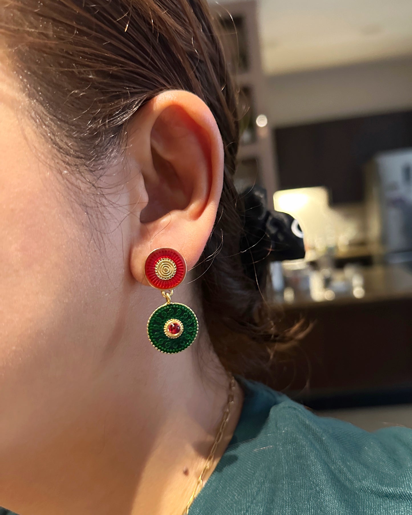 Luxurious Green & Red Vintage Statement Earrings with Gold-Tone Finish