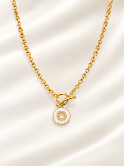 Mother of Pearl T-Bar Disc Pendant Necklace in Stainless Steel