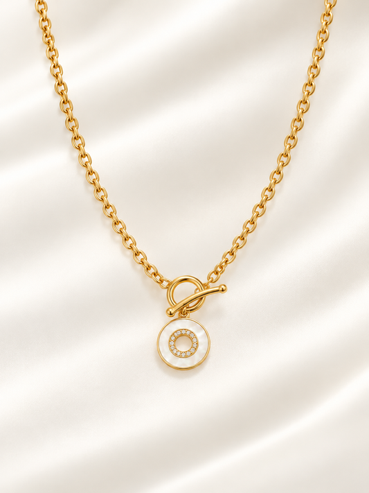 Mother of Pearl T-Bar Disc Pendant Necklace in Stainless Steel