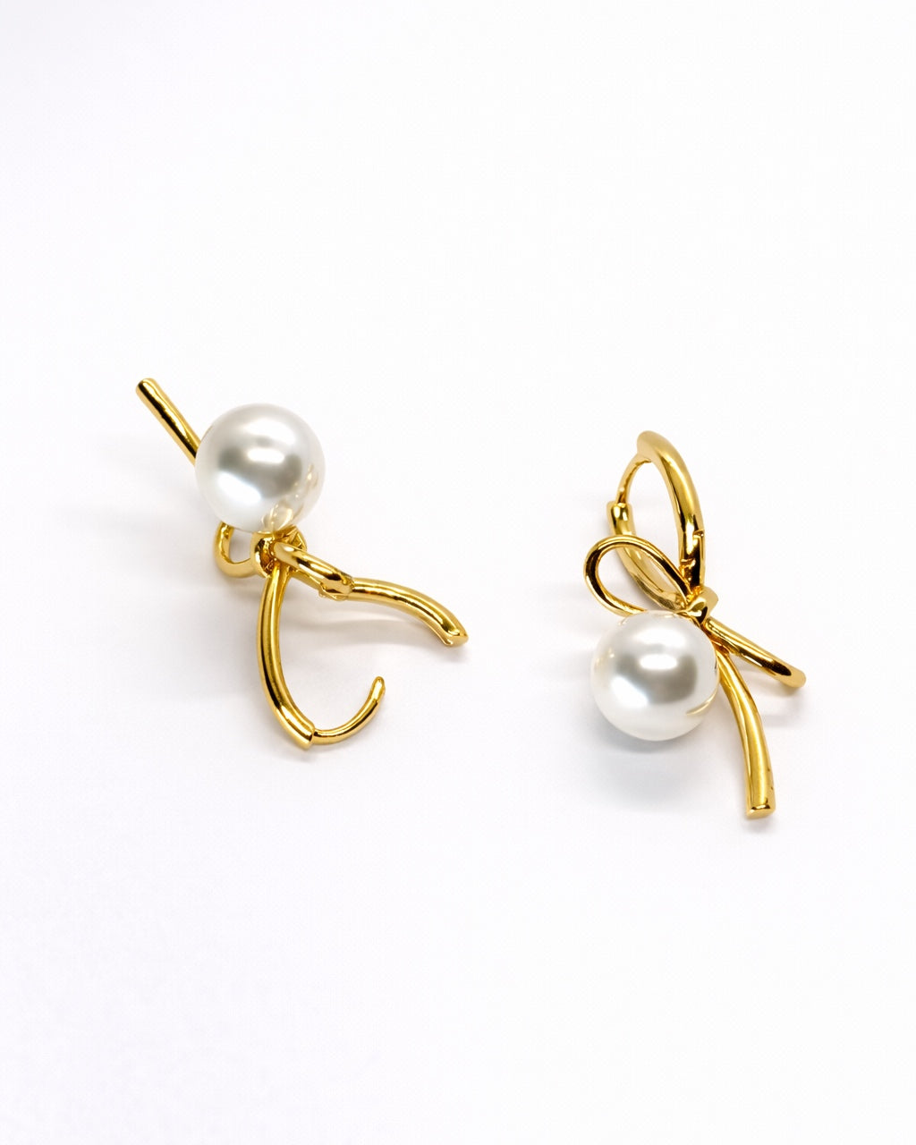 Ribbon Knot Faux Pearl Huggie Hoop Earrings | 18K Gold Tone