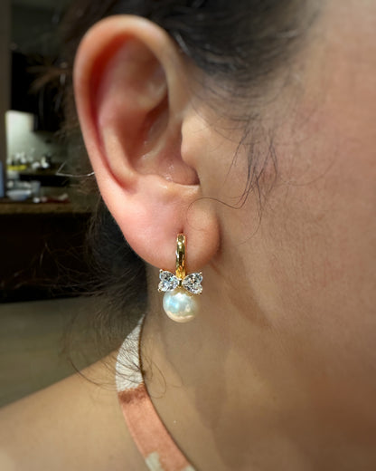 Pearl Bow Huggie Earrings – 18K Gold Dipped | Premium Zirconia