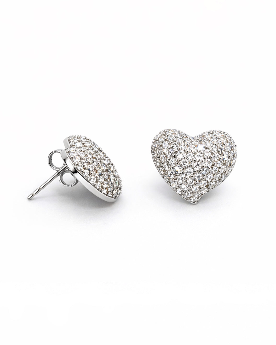 Diamond-Look Heart Stud Earrings – Pavé Zirconia, Hypoallergenic, White Gold Tone