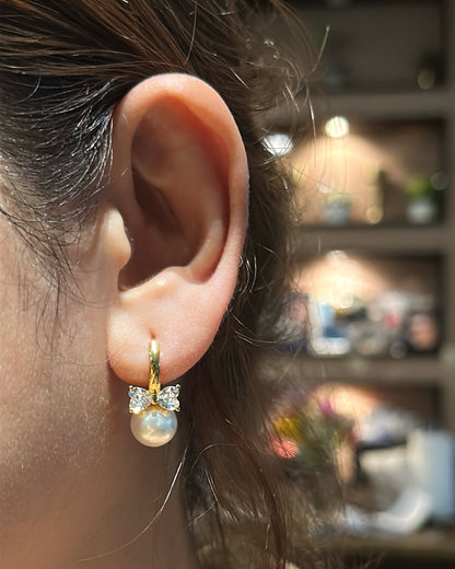 Pearl Bow Huggie Earrings – 18K Gold Dipped | Premium Zirconia