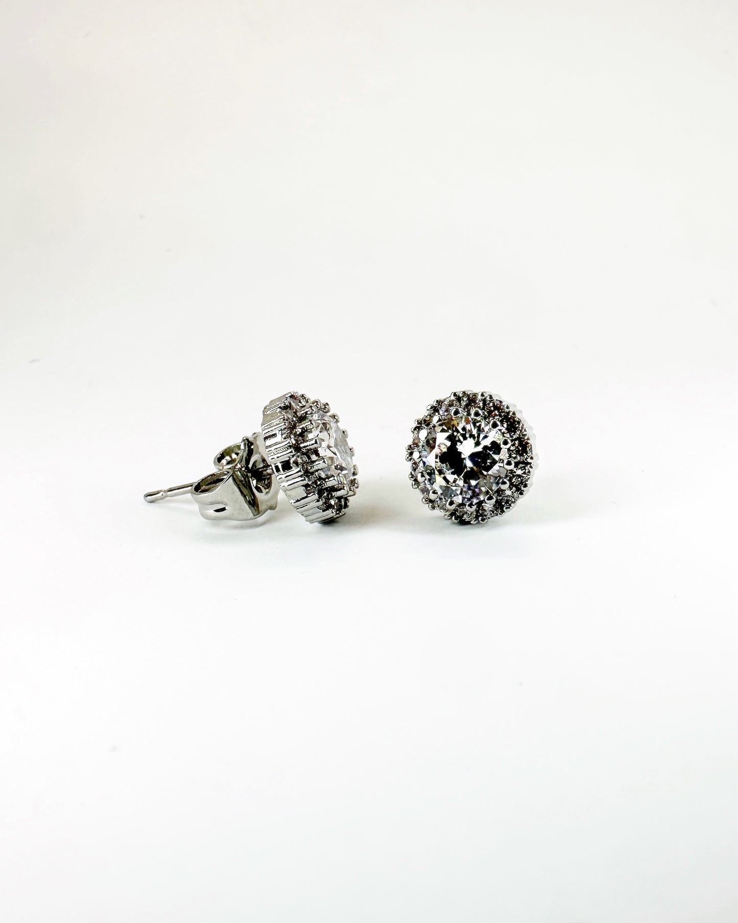 Classic halo round stud earrings with premium zirconia in 14K white gold-dipped finish