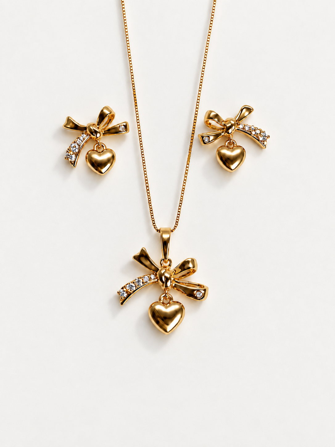 Bow Heart Pendant Necklace & Stud Earrings Set in 14K Gold Tone Finish