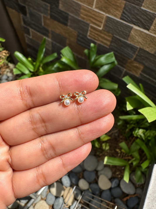 Dainty Ribbon Bow Pearl & Zirconia Stud Earrings in 14K Gold Tone