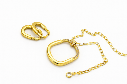 Chunky Oval Link Necklace Set with Zirconia Pendant and Huggie Earrings in Gold Tone