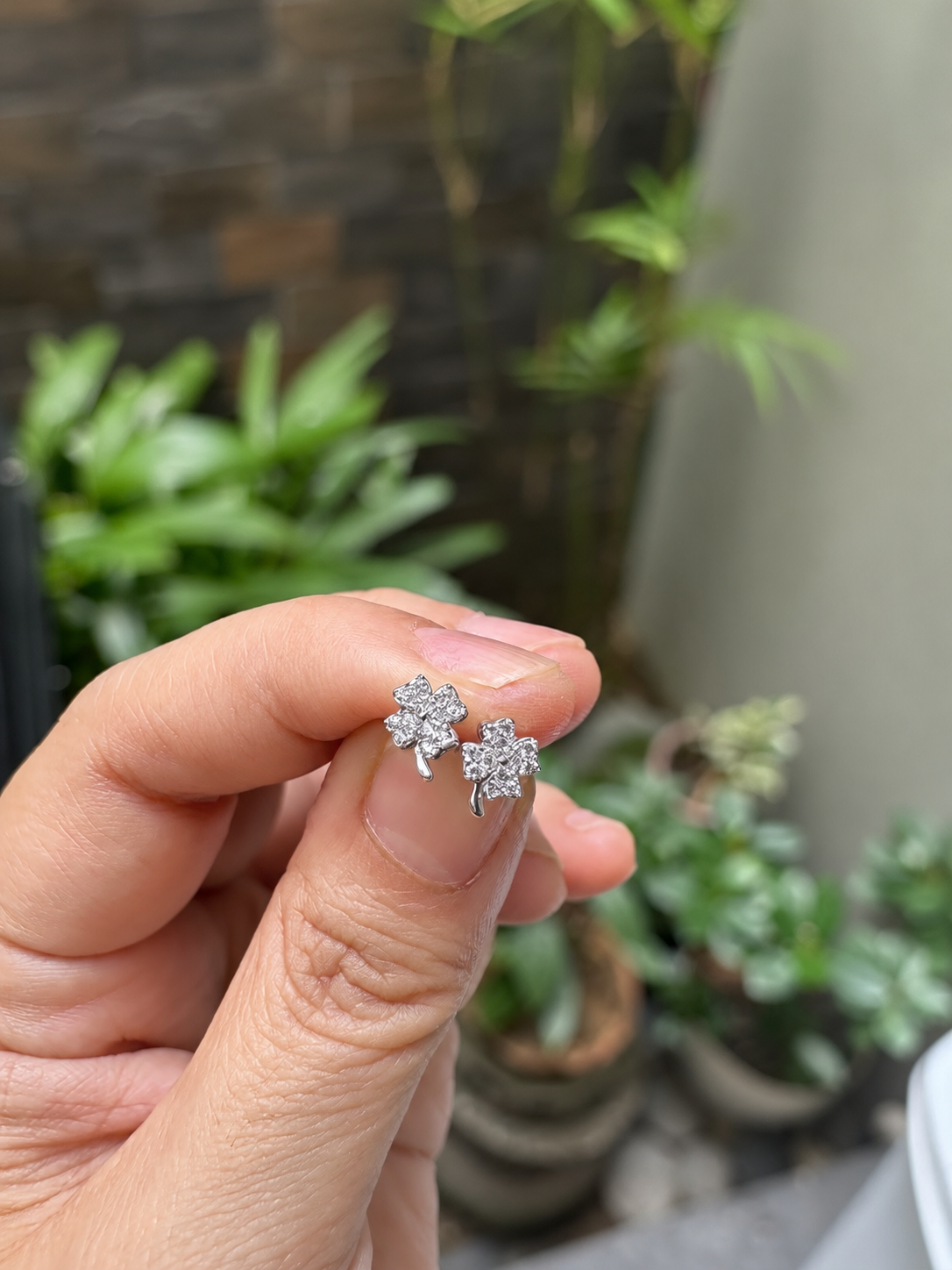 Sparkling Four-Leaf Clover Zirconia Stud Earrings in 14K White-Gold Tone