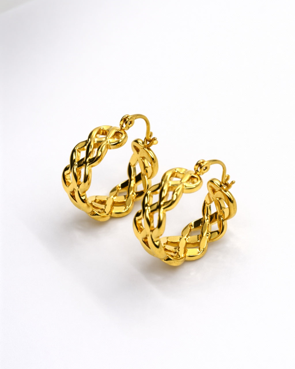 Shine Bright PH Criss-Cross Basket Hoop Earrings - Close-up showing the intricate 18K gold-tone woven pattern on a medium hoop.