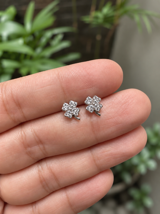 Sparkling Four-Leaf Clover Zirconia Stud Earrings in 14K White-Gold Tone