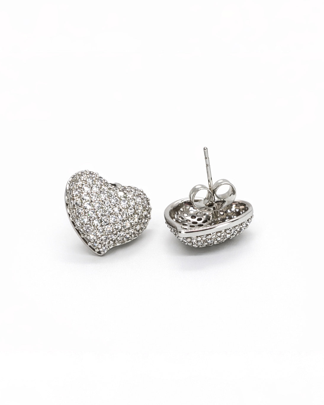 Diamond-Look Heart Stud Earrings – Pavé Zirconia, Hypoallergenic, White Gold Tone