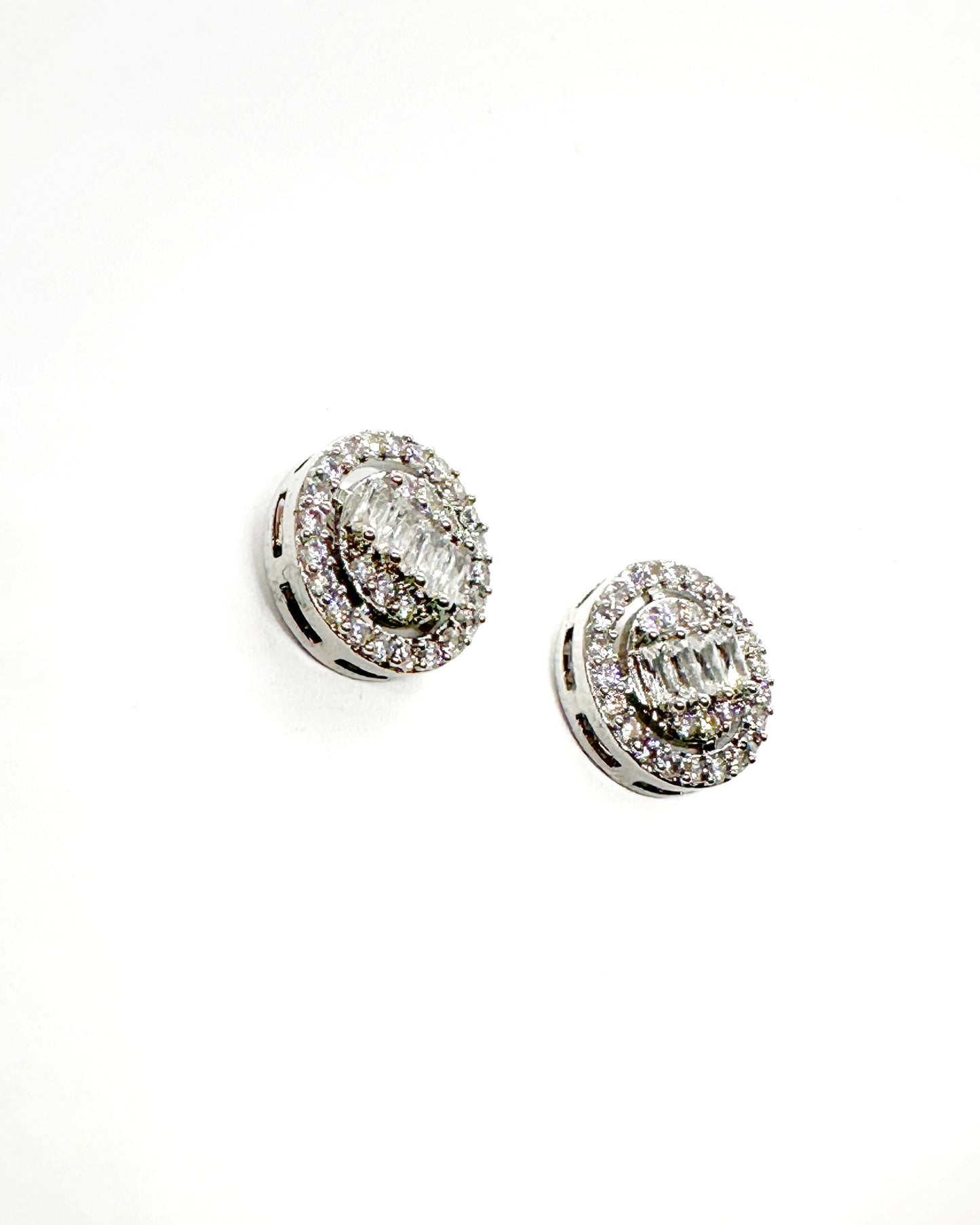 Double Halo Baguette Cluster Stud Earrings – 14K Whitegold-Dipped