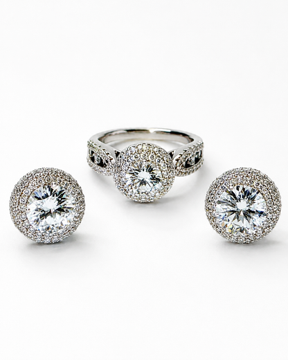 Heritage Pavé Halo Ring & Stud Earrings Set – White Gold Tone