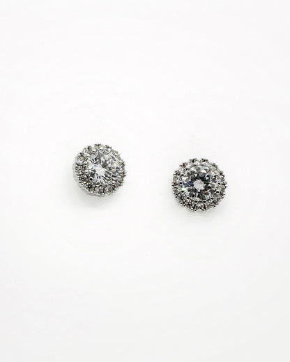Classic Halo Round Stud Earrings – Premium Zirconia | 14K White Gold-Dipped