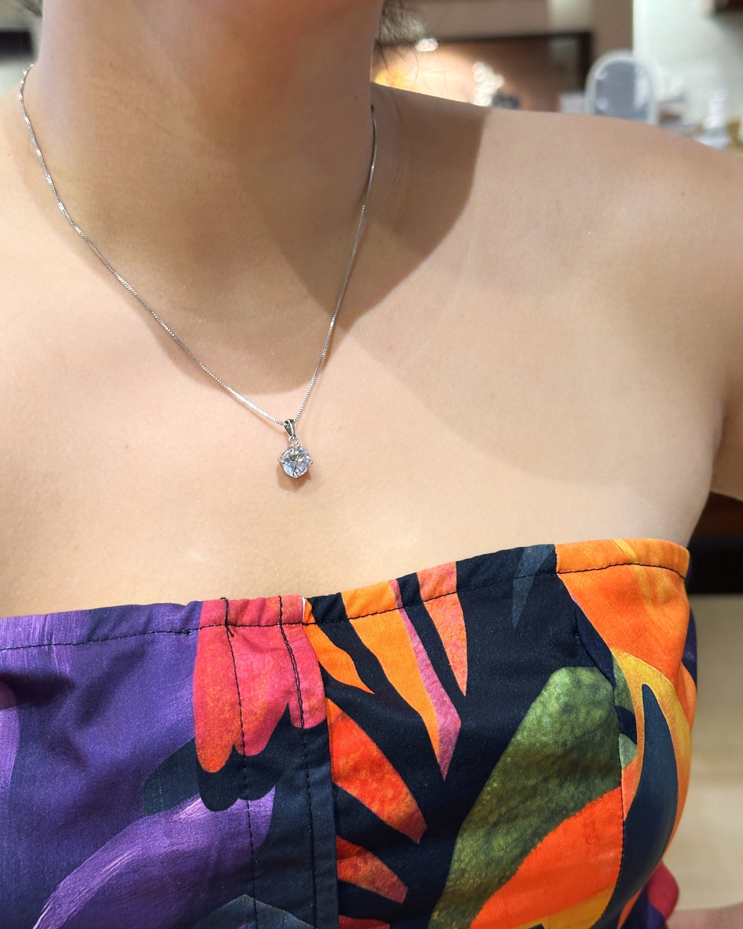 Classic Solitaire Zirconia Pendant Necklace – 14K White Gold Dipped