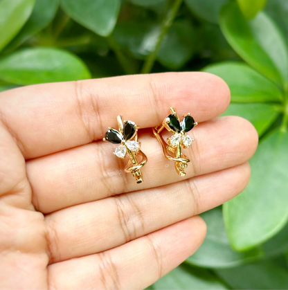 Elegant Black & Gold Butterfly Stud Earrings with Omega Back Lock