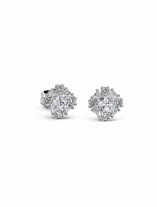 Princess Cut Illusion Cluster Zirconia Stud Earrings in 9mm