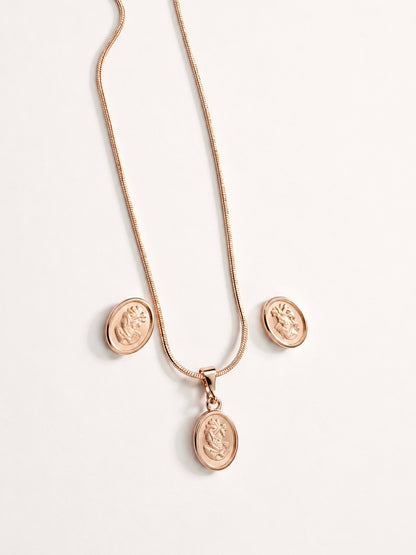Vintage Cameo Pendant Necklace & Stud Earrings Set in Rose Gold Tone