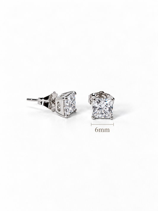 Princess Cut Solitaire Zirconia Stud Earrings in 14K White Gold Finish