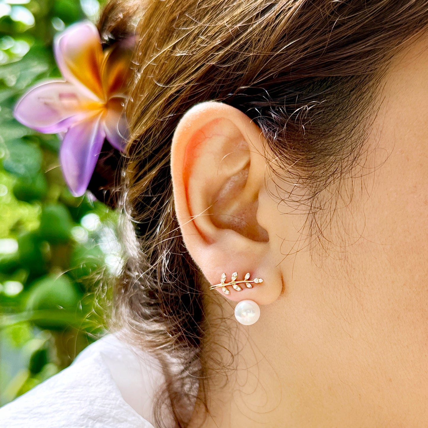 Gold Leaf and Pearl Drop Ear-Climber Earrings