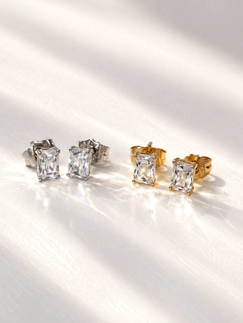 Petite Emerald Cut Solitaire Zirconia Stud Earrings