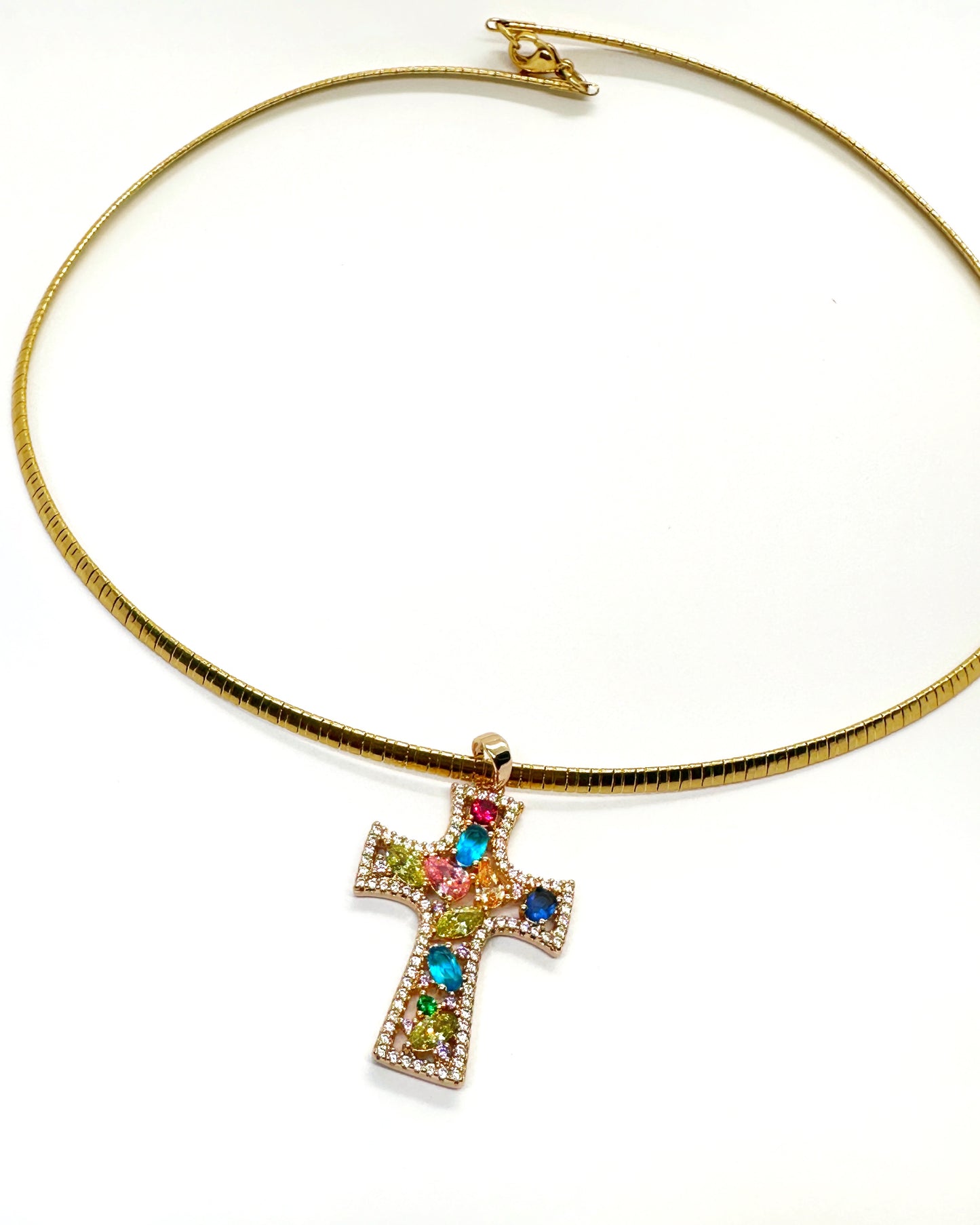 Jewel-Tone Cross Statement Necklace