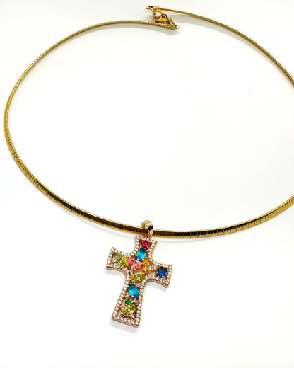 Jewel-Tone Cross Statement Necklace