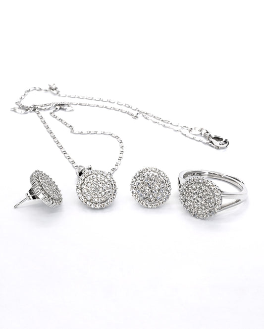 Pavé Halo Round Zirconia Jewelry Set – 14K White Gold Tone Necklace, Stud Earrings & Ring