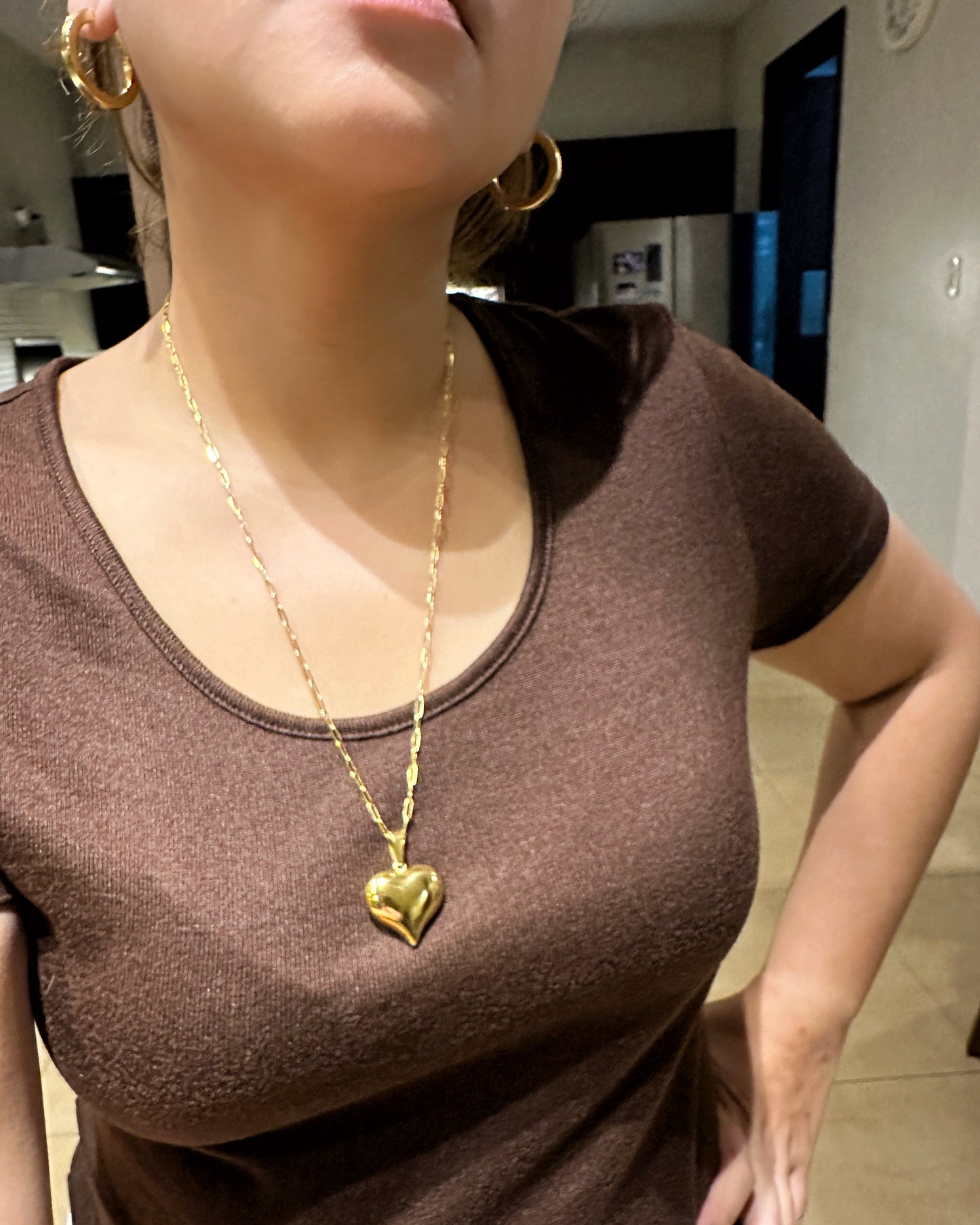 Puffed Heart Pendant Necklace (24 Inches) – 18K Gold Dipped Stainless Steel