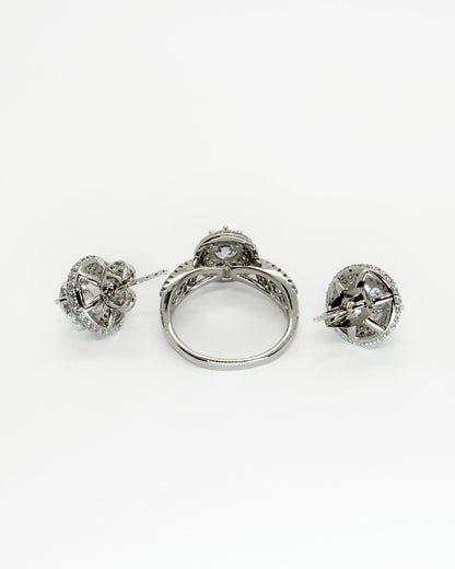 Heritage Pavé Halo Ring & Stud Earrings Set – White Gold Tone