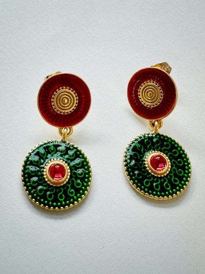 Luxurious Green & Red Vintage Statement Earrings with Gold-Tone Finish