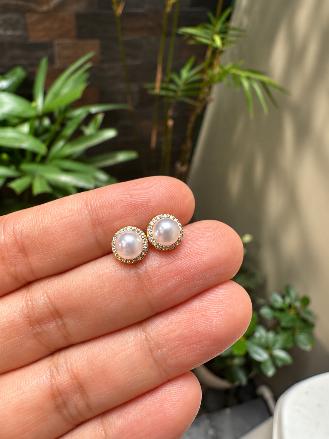 Pavé Halo Pearl Stud Earrings in 14K Gold Tone