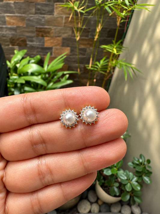 Crown Pavé Zirconia Halo Pearl Stud Earrings in 14K Gold Tone