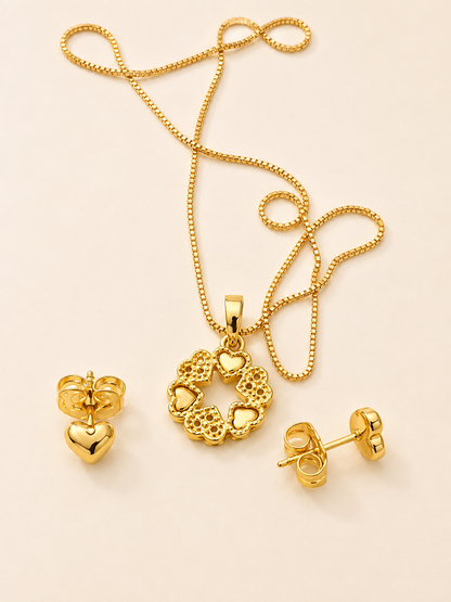 Wreath Heart Zirconia Pendant Necklace & Stud Earrings Set